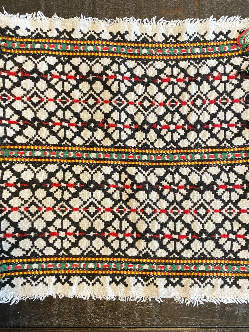 Handwoven Black and White Patterned with Red and Green Accents 10” x 10”